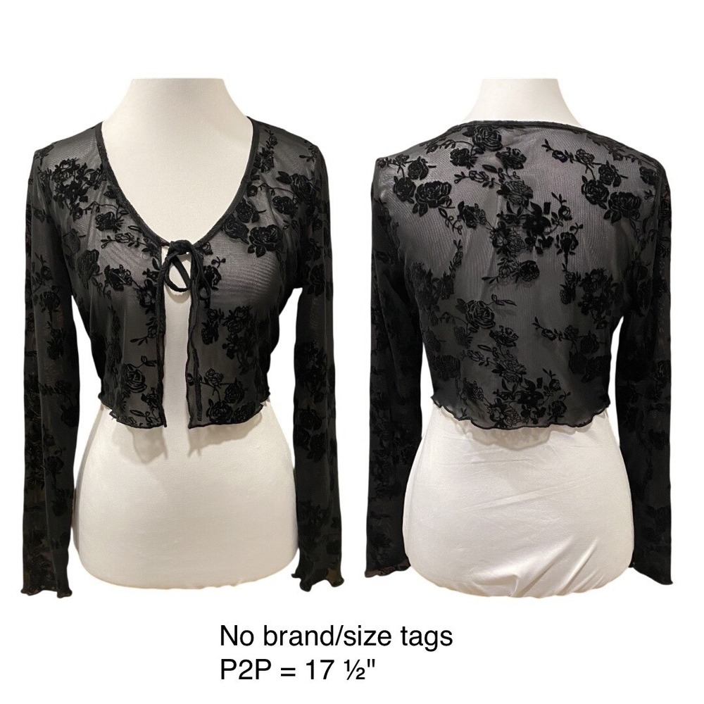 Black Whimsigoth Fairy Grunge Velvet Burnout Tie Front Top Size S Witchy Floral